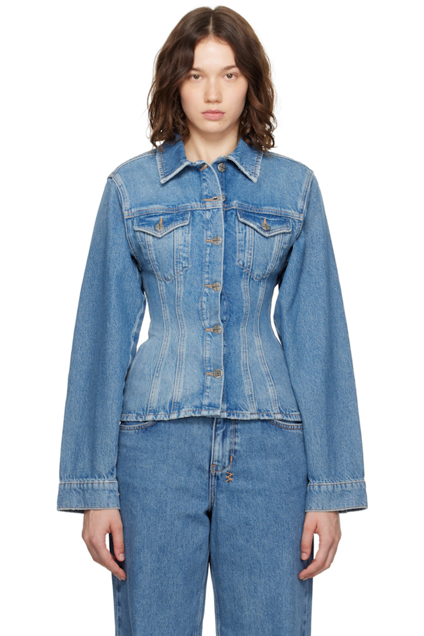 Non-stretch denim jacket.

· Fading and subtle distressing throughout
· Spread collar
· Button closure
· Flap pockets at chest
· Padded shoulders
· Adjustable barrel cuffs
· Logo plaque at back collar
· Logos embroidered at back hem
· Logo-engraved antiqued silver-tone hardware
· Contrast stitching in beige

Supplier color: Denim
