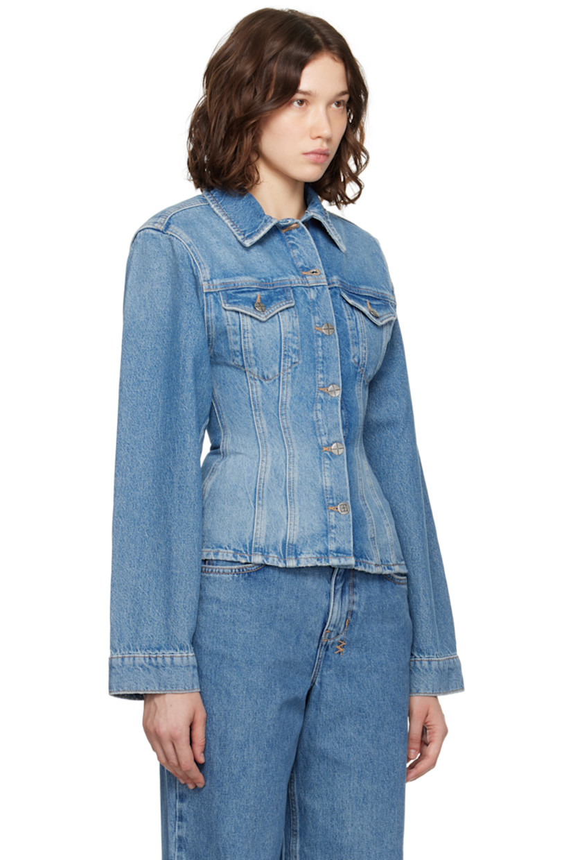 Non-stretch denim jacket.

· Fading and subtle distressing throughout
· Spread collar
· Button closure
· Flap pockets at chest
· Padded shoulders
· Adjustable barrel cuffs
· Logo plaque at back collar
· Logos embroidered at back hem
· Logo-engraved antiqued silver-tone hardware
· Contrast stitching in beige

Supplier color: Denim