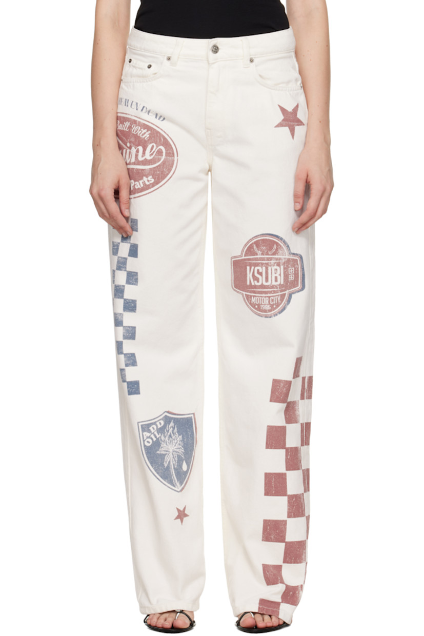 Non-stretch denim jeans.

· Fading, distressing, and printed logo graphics throughout
· Loose straight-leg
· Low-rise
· Belt loops
· Five-pocket styling
· Zip fly
· Logos embroidered at back waistband and leg
· Logo-engraved antiqued silver-tone hardware

Supplier color: Pitt lane