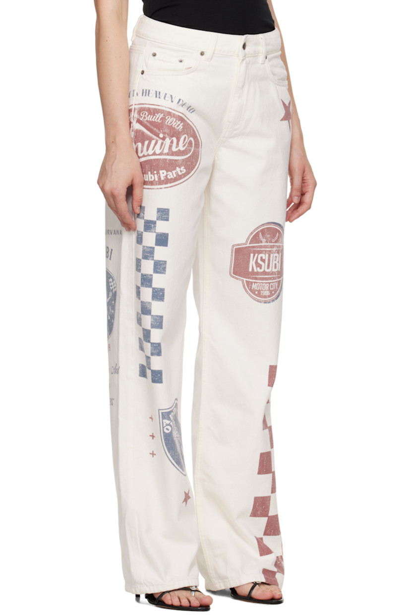 Non-stretch denim jeans.

· Fading, distressing, and printed logo graphics throughout
· Loose straight-leg
· Low-rise
· Belt loops
· Five-pocket styling
· Zip fly
· Logos embroidered at back waistband and leg
· Logo-engraved antiqued silver-tone hardware

Supplier color: Pitt lane