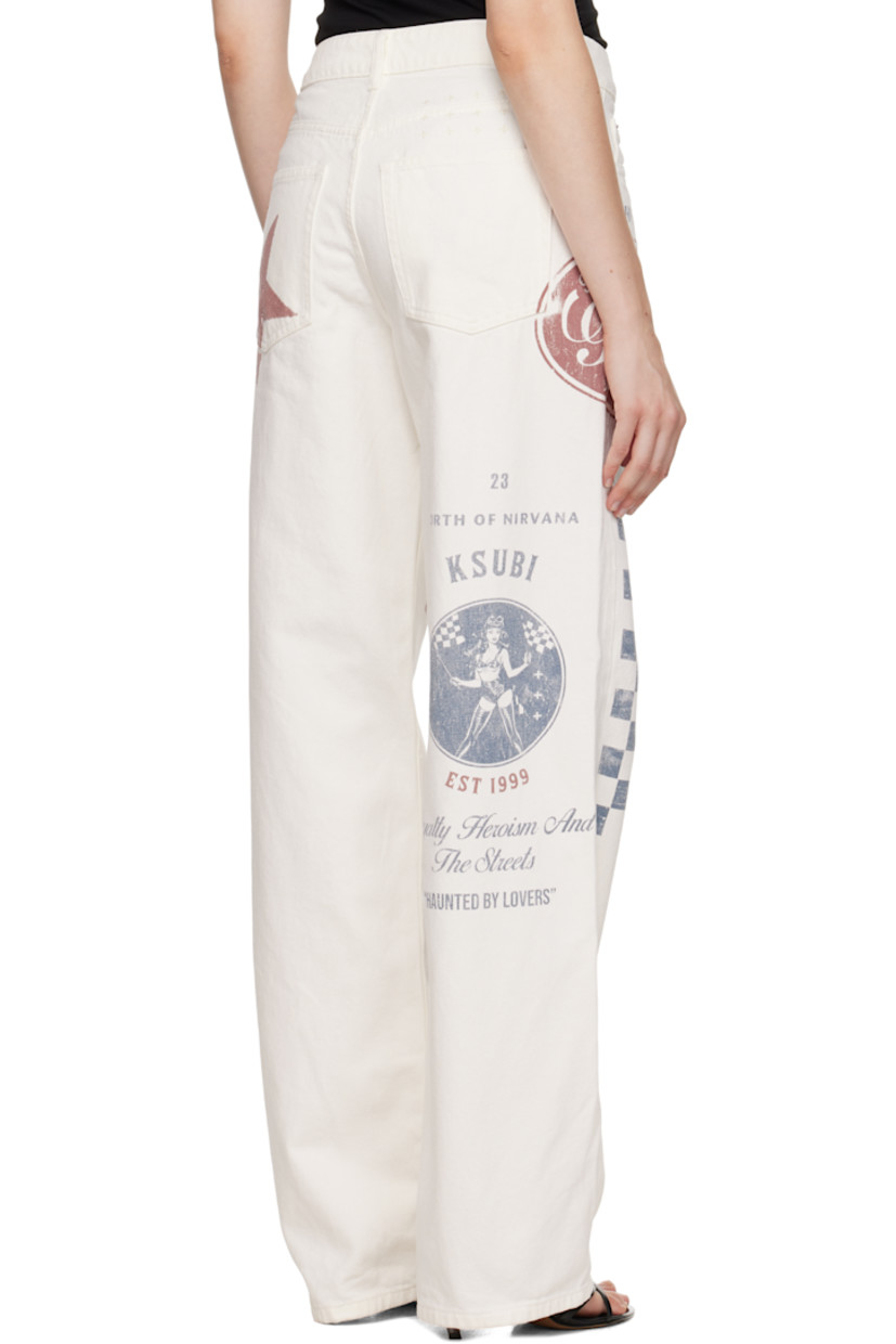 Non-stretch denim jeans.

· Fading, distressing, and printed logo graphics throughout
· Loose straight-leg
· Low-rise
· Belt loops
· Five-pocket styling
· Zip fly
· Logos embroidered at back waistband and leg
· Logo-engraved antiqued silver-tone hardware

Supplier color: Pitt lane