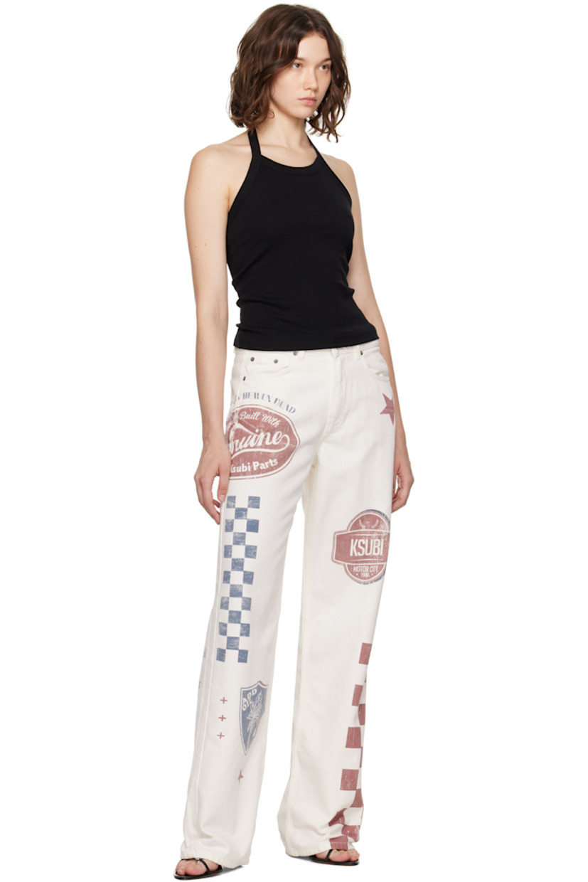 Non-stretch denim jeans.

· Fading, distressing, and printed logo graphics throughout
· Loose straight-leg
· Low-rise
· Belt loops
· Five-pocket styling
· Zip fly
· Logos embroidered at back waistband and leg
· Logo-engraved antiqued silver-tone hardware

Supplier color: Pitt lane