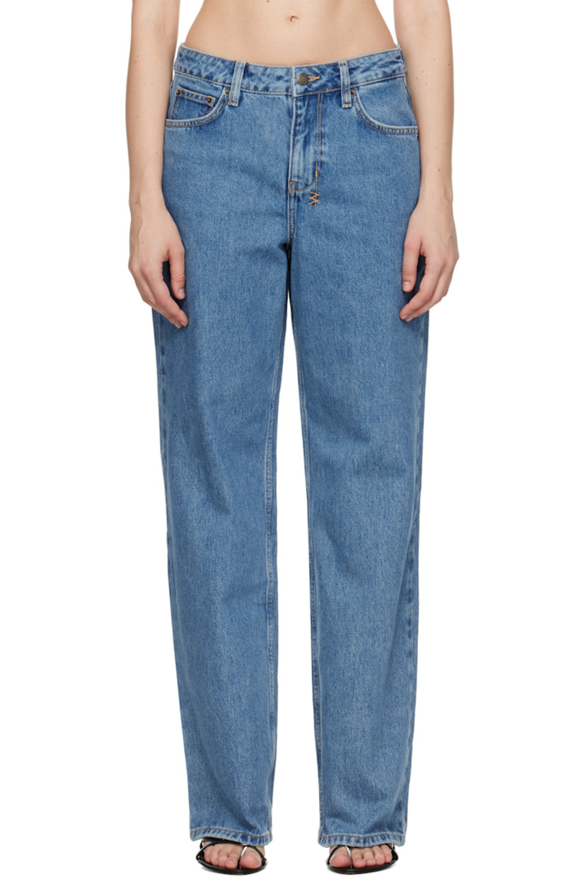 Non-stretch denim jeans.

· Fading and subtle distressing throughout
· Loose straight-leg
· Low-rise
· Belt loops
· Five-pocket styling
· Zip fly
· Adjustable cinch tabs at back waistband
· Logos embroidered at back waistband and leg
· Logo-engraved antiqued brass-tone hardware
· Contrast stitching in beige

Supplier color: Heritage