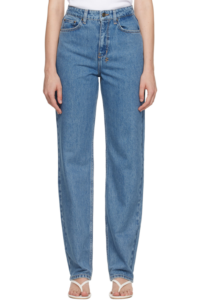Non-stretch denim jeans.

· Fading and subtle distressing throughout
· Straight-leg
· High-rise
· Belt loops
· Five-pocket styling
· Zip fly
· Logos embroidered at back waistband and leg
· Logo-engraved antiqued brass-tone hardware
· Contrast stitching in beige

Supplier color: Heritage