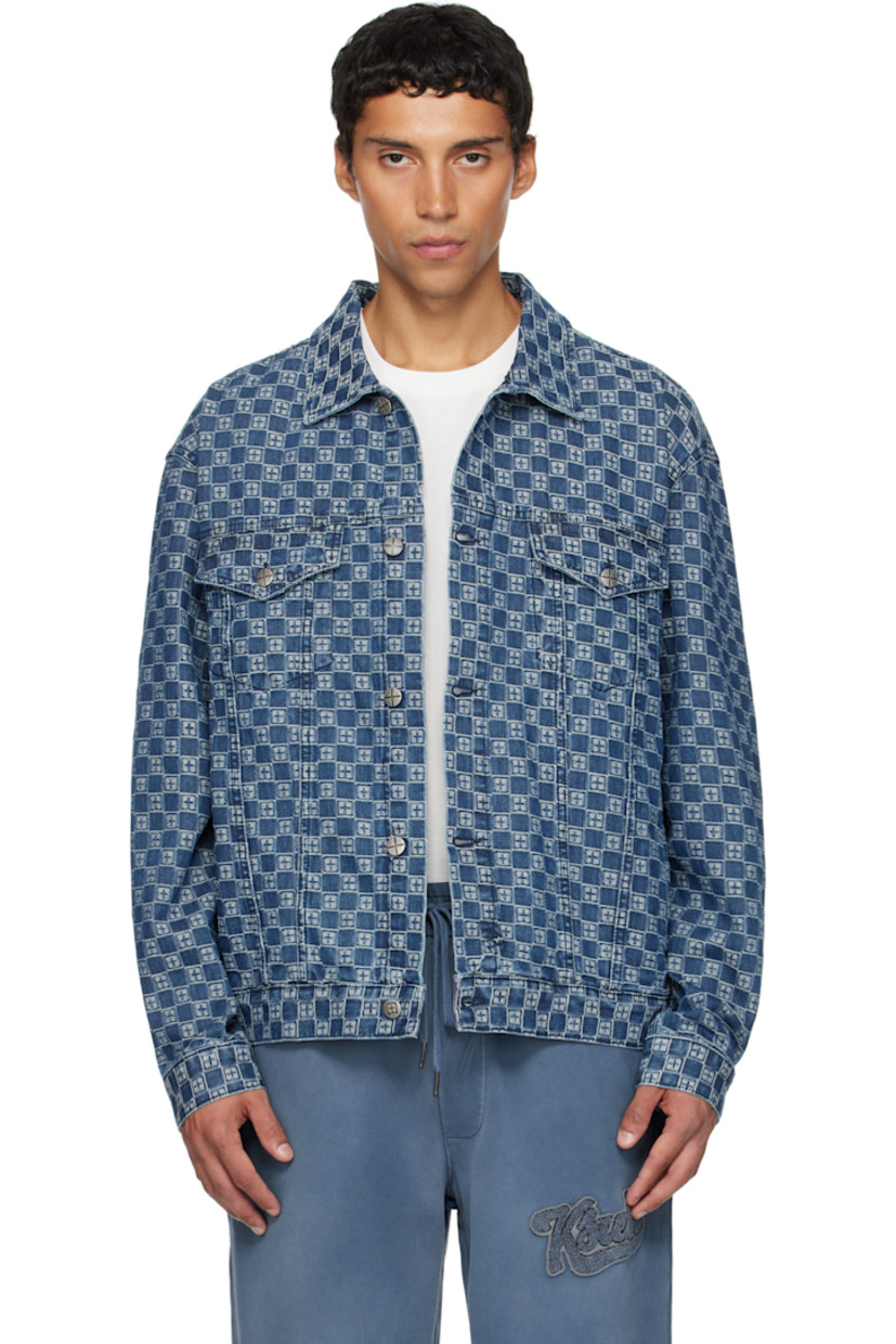 Non-stretch denim jacket. 

· Jacquard logo pattern throughout
· Spread collar 
· Button closure
· Flap pockets at chest
· Buttoned barrel cuffs
· Embroidered logos at back
· Adjustable buttoned tabs at back hem 
· Logo-engraved antiqued silver-tone hardware

Supplier color: Denim