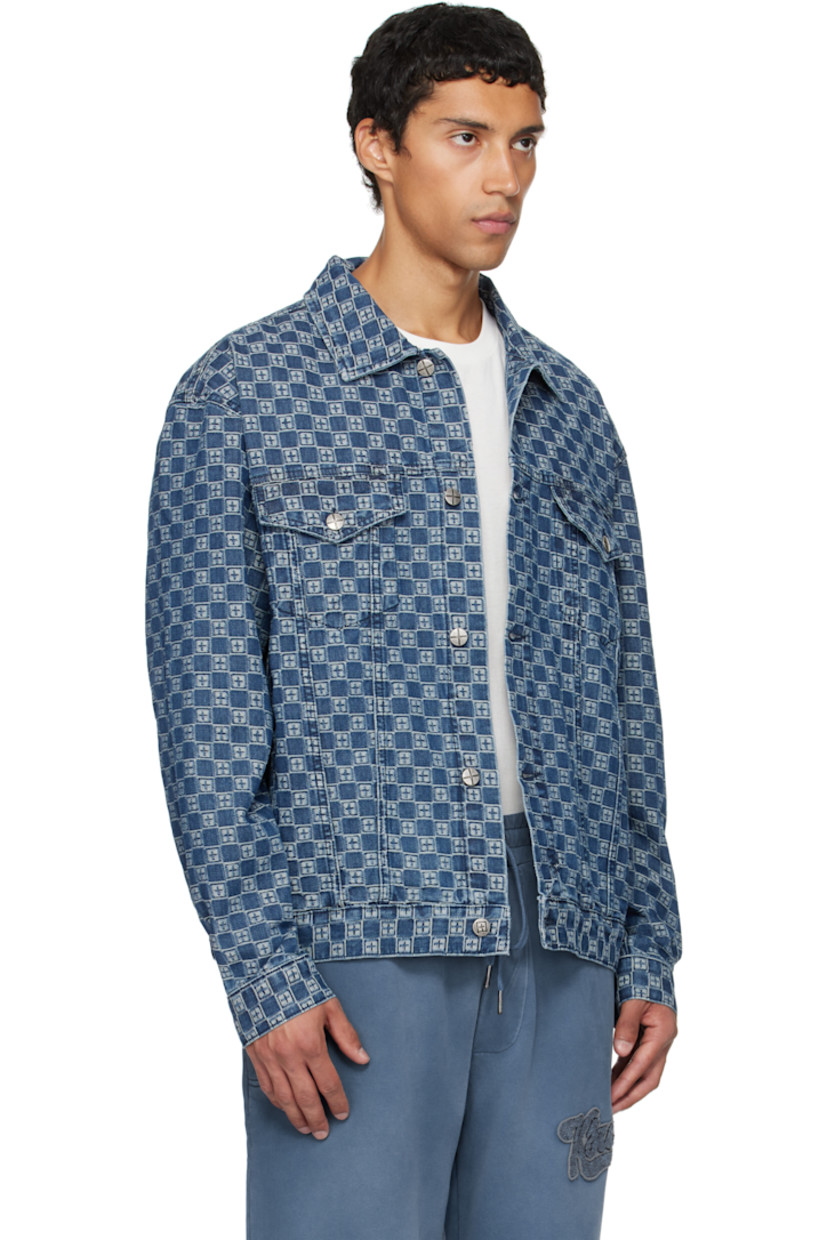 Non-stretch denim jacket. 

· Jacquard logo pattern throughout
· Spread collar 
· Button closure
· Flap pockets at chest
· Buttoned barrel cuffs
· Embroidered logos at back
· Adjustable buttoned tabs at back hem 
· Logo-engraved antiqued silver-tone hardware

Supplier color: Denim