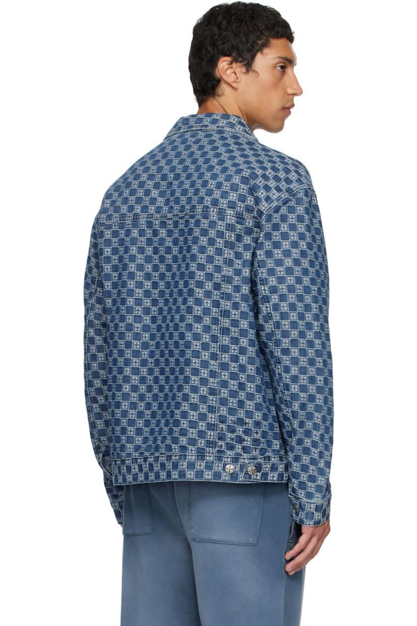 Non-stretch denim jacket. 

· Jacquard logo pattern throughout
· Spread collar 
· Button closure
· Flap pockets at chest
· Buttoned barrel cuffs
· Embroidered logos at back
· Adjustable buttoned tabs at back hem 
· Logo-engraved antiqued silver-tone hardware

Supplier color: Denim