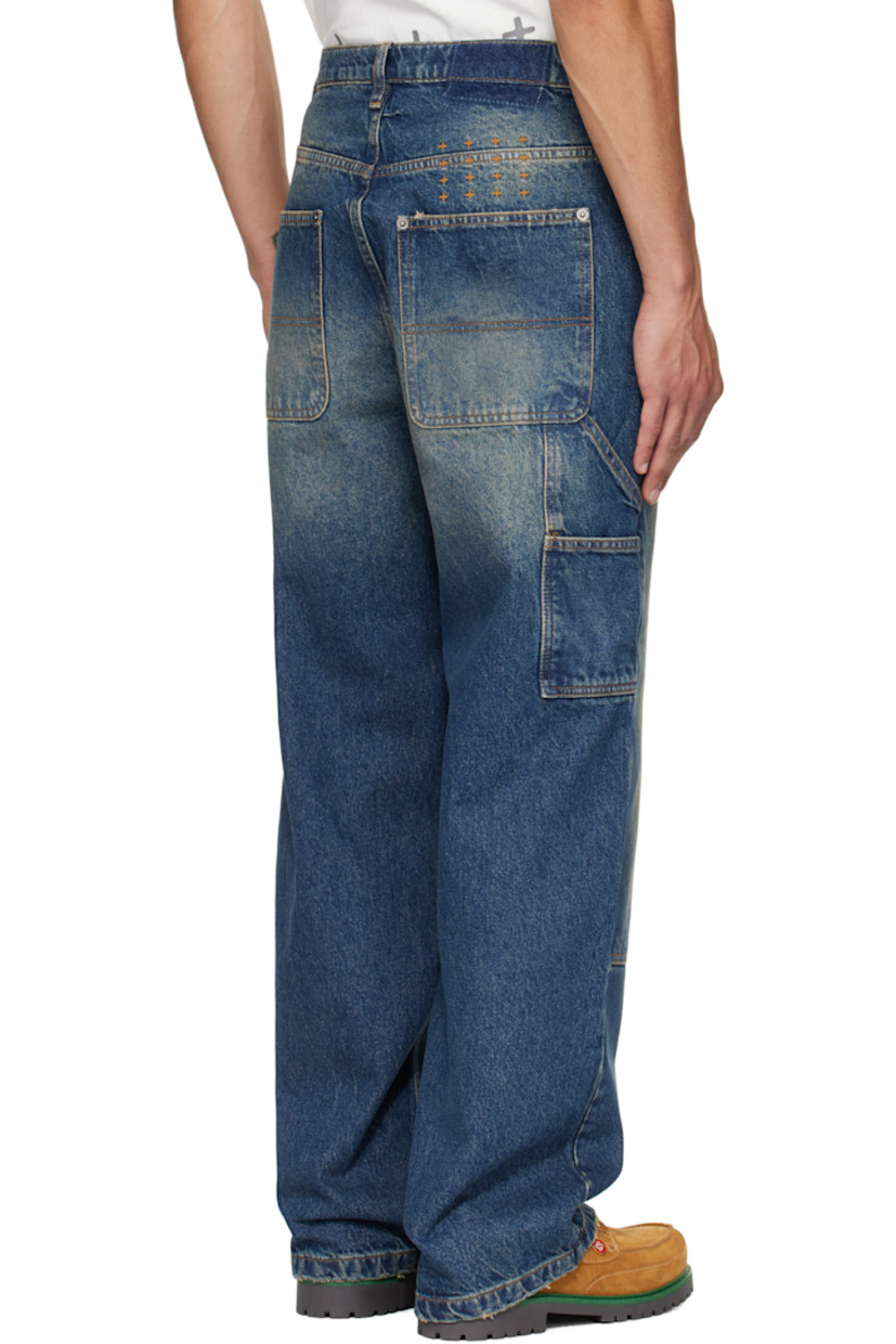 Stonewashed non-stretch denim jeans. 

· Fading, whiskering, and subtle distressing throughout 
· Wide-leg 
· High-rise 
· Belt loops
· Five-pocket styling
· Button fly 
· Rivets and panel at knees
· Hammer loop and patch pockets at outseams
· Logos embroidered at back waist
· Embroidered logo at back leg
· Logo-engraved antiqued silver-tone hardware
· Contrast stitching in tan 

Supplier color: Denim
