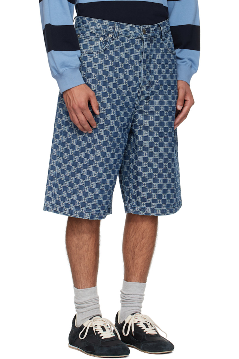 Non-stretch denim shorts. 

· Jacquard logo pattern throughout 
· Belt loops
· Five-pocket styling
· Button fly 
· Logos embroidered at back waist
· Detachable logo patch at back pocket
· Logo-engraved antiqued silver-tone hardware

Supplier color: Denim