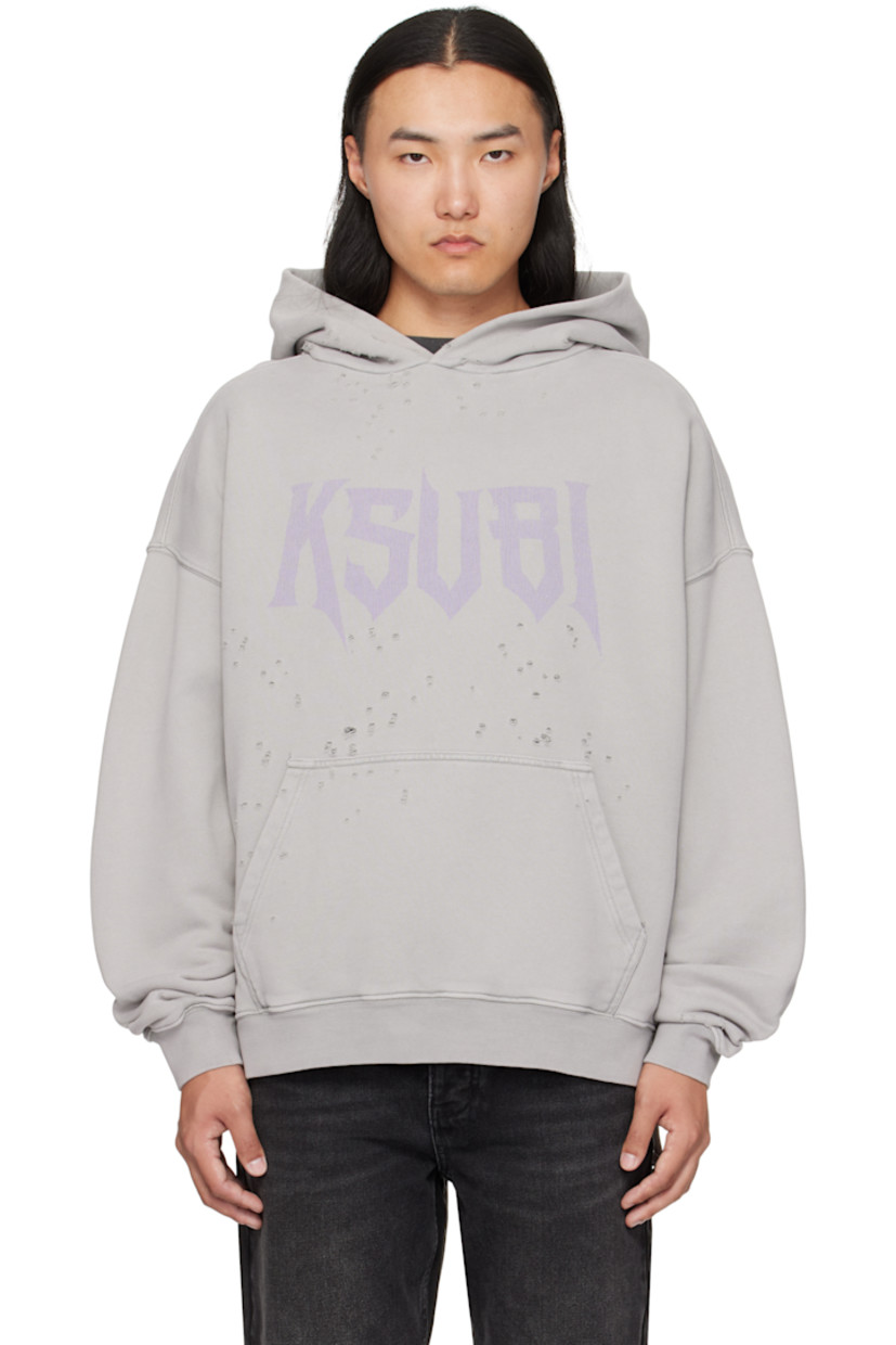 Heavyweight cotton French terry hoodie.

· Dotted distressing throughout
· Faded logo printed at chest
· Rib-knit hem and cuffs
· Dropped shoulders
· Embroidered logos at back hem

Supplier color: Washed grey
