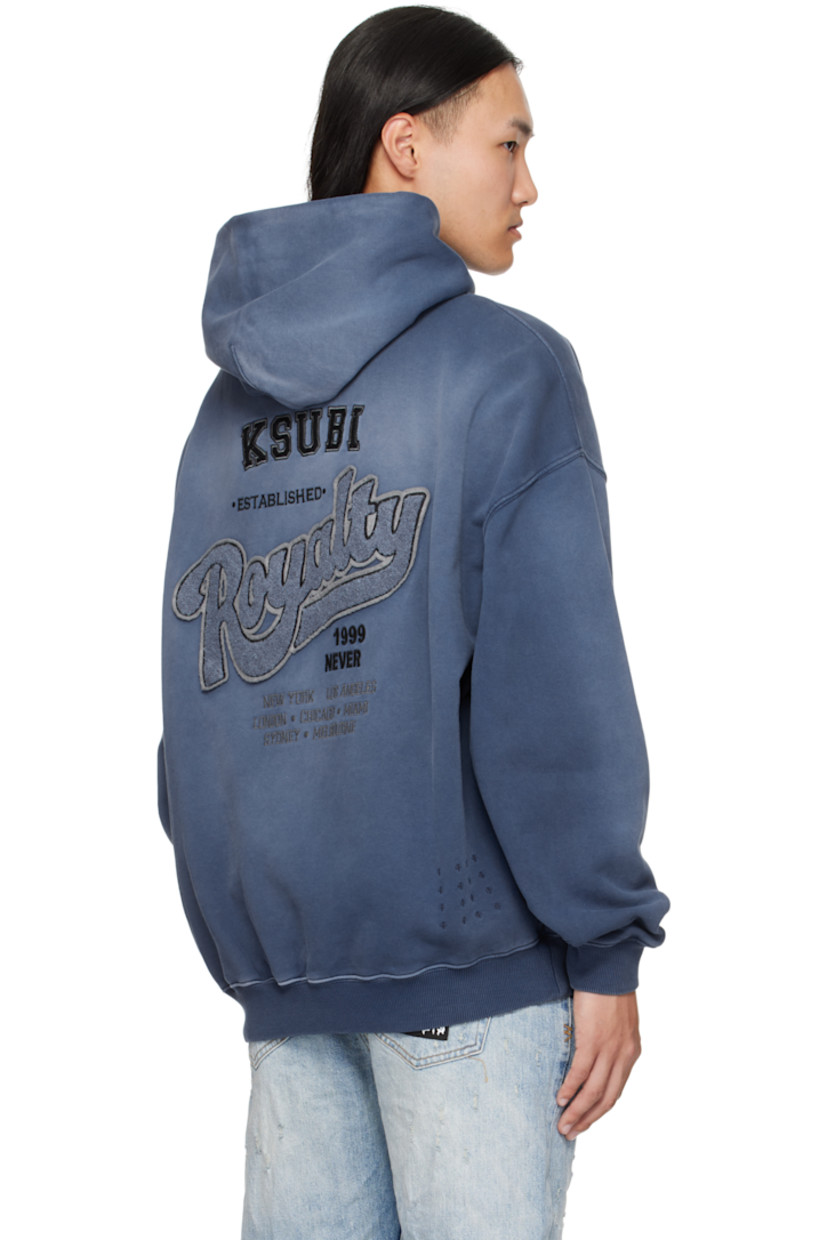 Heavyweight cotton French terry hoodie.

· Fading throughout
· Chenille logo patch at chest
· Kangaroo pocket at waist
· Rib-knit hem and cuffs
· Embroidered logo and text patches at back
· Embroidered logos at back hem

Supplier color: Ink blue