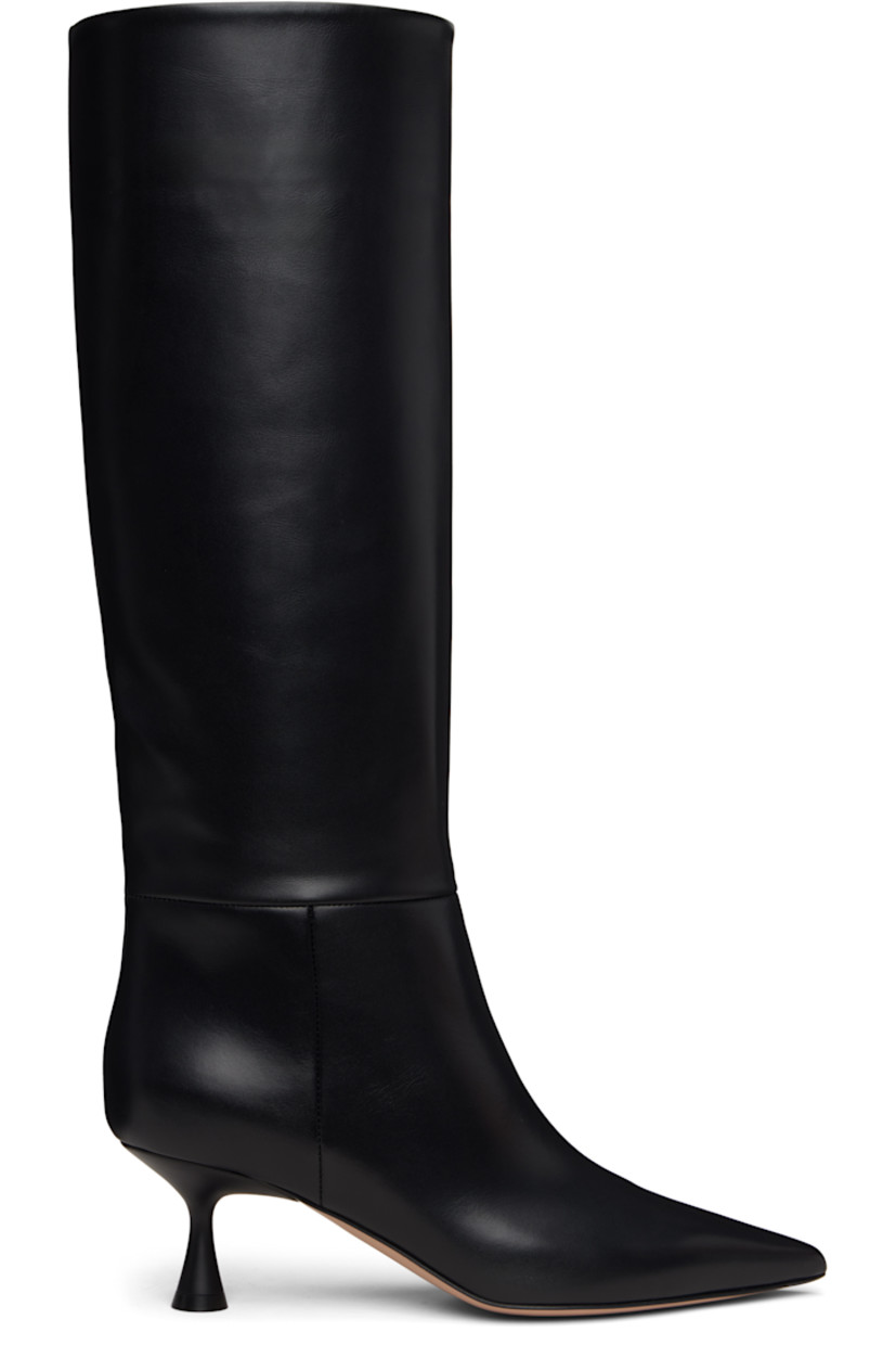 Handcrafted knee-high grained calfskin boots.

· Pointed toe 
· Buffed leather lining 
· Lacquered kitten heel with rubber injection
· Leather sole 
· Heel: H2"

Supplier color: Black