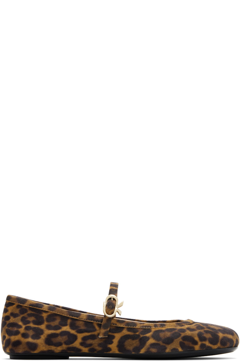 Handcrafted suede Mary Jane-style ballerina flats in brown.

· Leopard pattern printed throughout
· Pin-buckle strap with logo hardware at vamp
· Grained leather lining
· Rubber sole

Supplier color: Leopard print suede