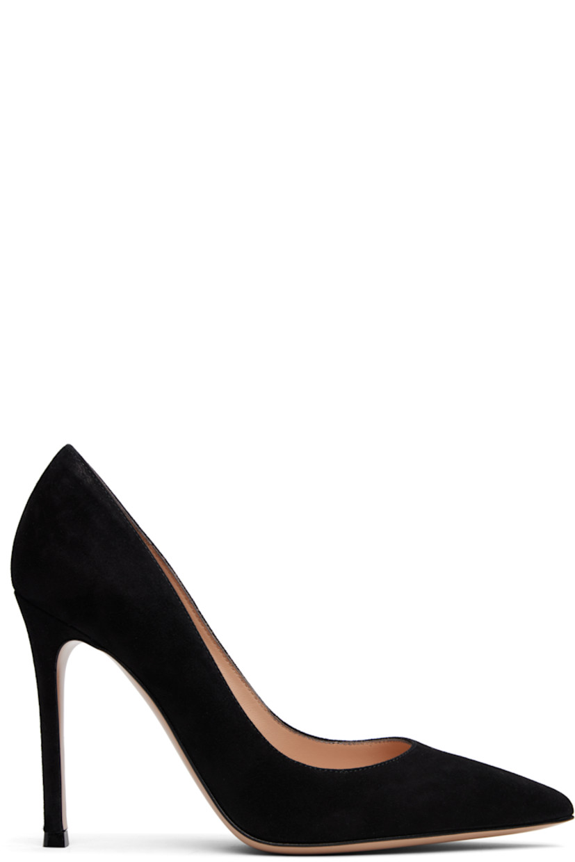 Handcrafted suede heels in black. 

· Pointed toe
· Grained leather lining
· Covered stiletto heel with rubber injection
· Polished leather sole
· Heel: H4"

Supplier color: Black suede