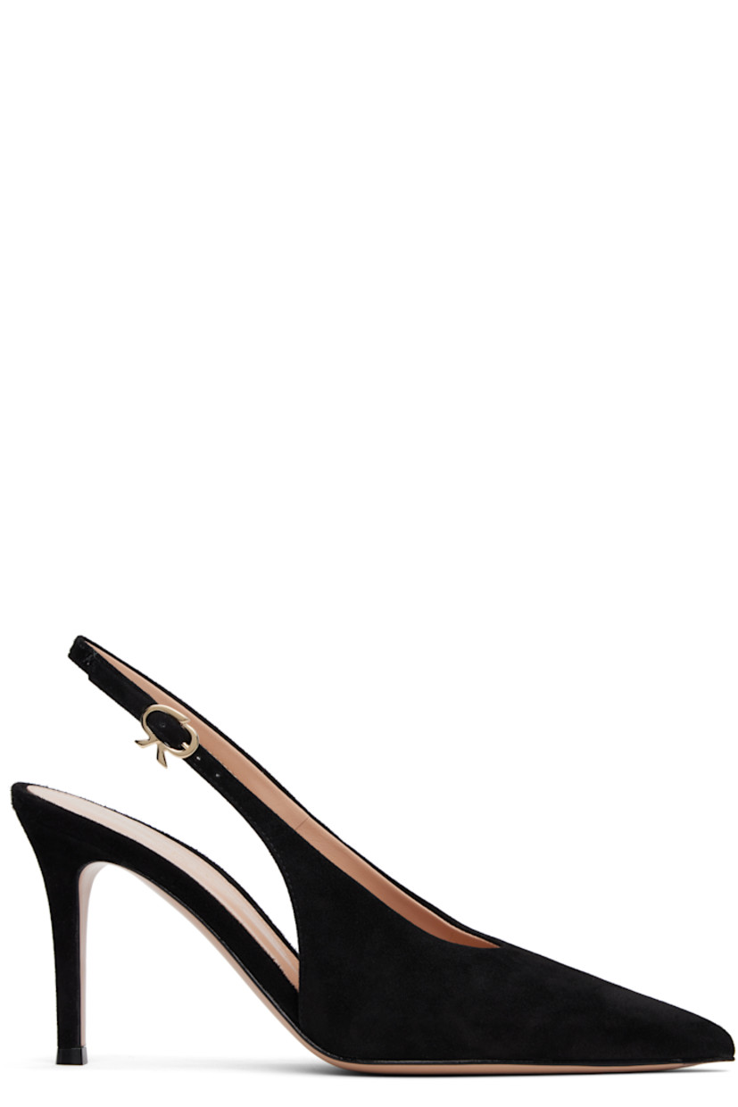Suede heels in black. 

· Pointed toe
· Logo hardware at pin-buckle slingback strap
· Grained leather lining
· Covered stiletto heel with rubber injection
· Polished leather sole
· Heel: H3.25"

Supplier color: Camoscio black