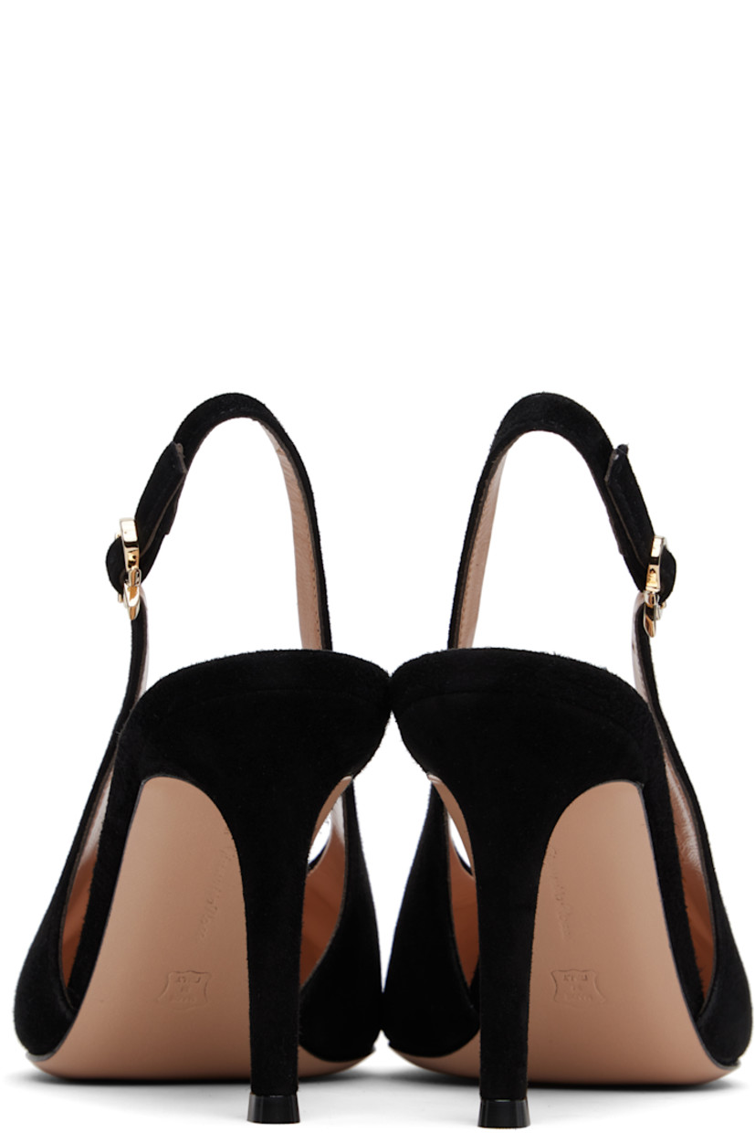 Suede heels in black. 

· Pointed toe
· Logo hardware at pin-buckle slingback strap
· Grained leather lining
· Covered stiletto heel with rubber injection
· Polished leather sole
· Heel: H3.25"

Supplier color: Camoscio black