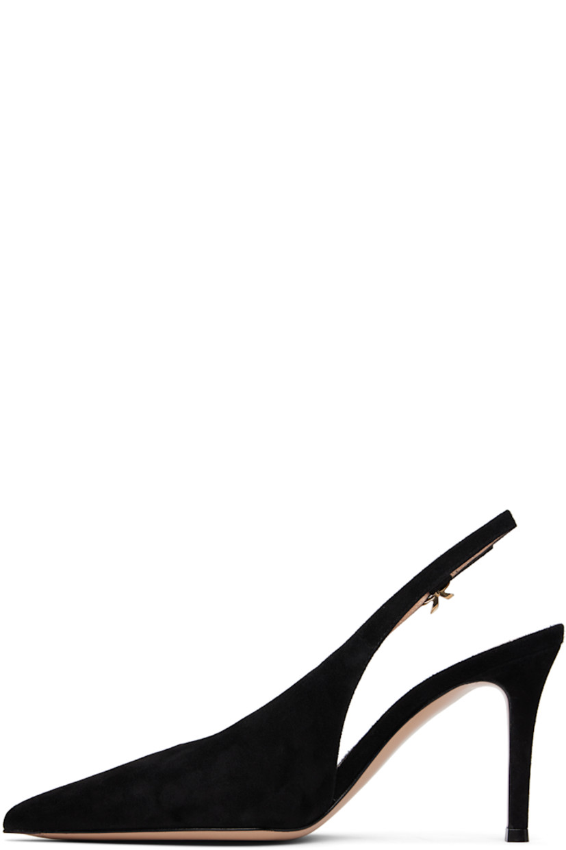 Suede heels in black. 

· Pointed toe
· Logo hardware at pin-buckle slingback strap
· Grained leather lining
· Covered stiletto heel with rubber injection
· Polished leather sole
· Heel: H3.25"

Supplier color: Camoscio black