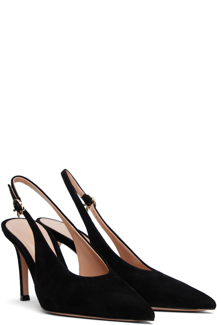 Suede heels in black. 

· Pointed toe
· Logo hardware at pin-buckle slingback strap
· Grained leather lining
· Covered stiletto heel with rubber injection
· Polished leather sole
· Heel: H3.25"

Supplier color: Camoscio black