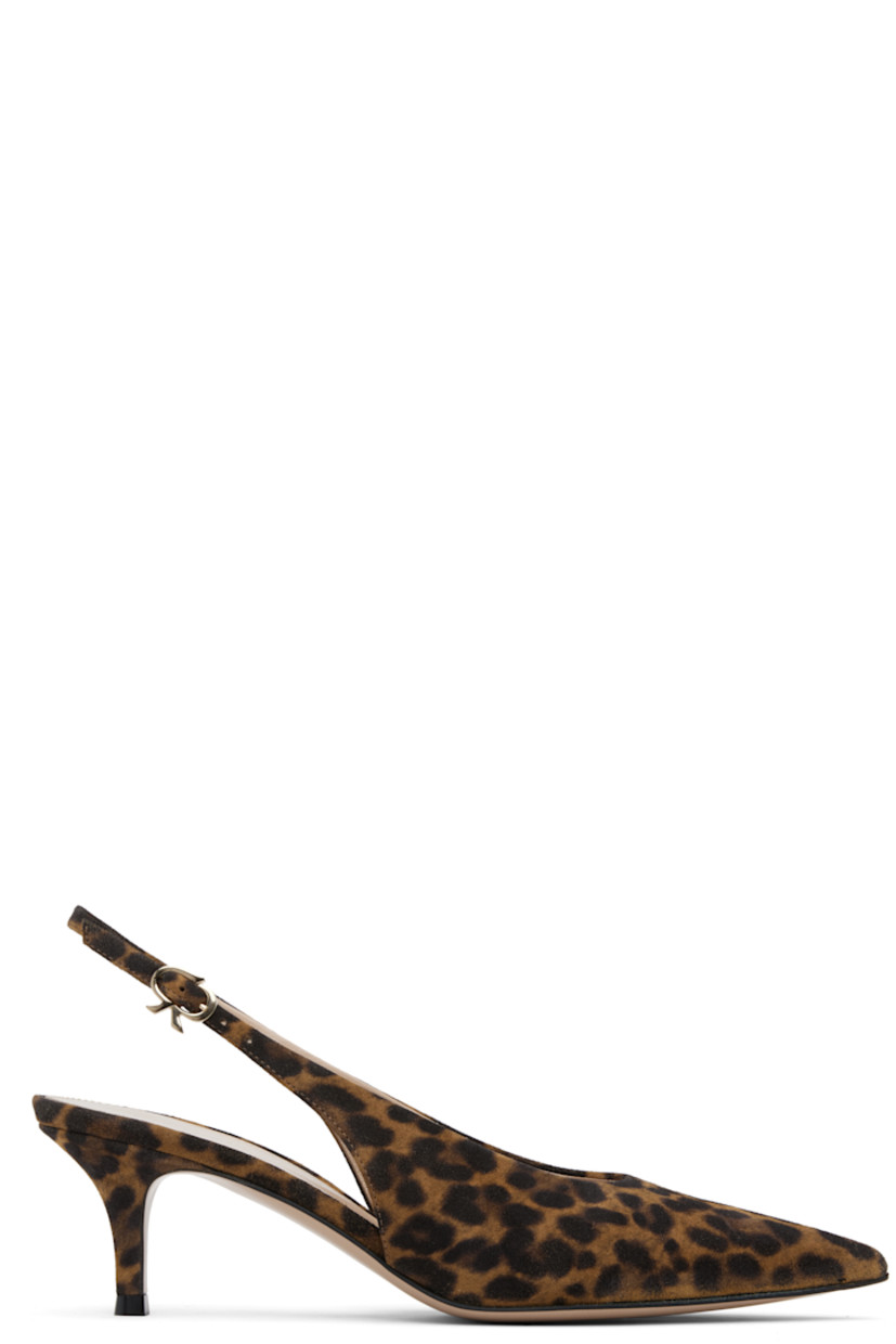 Handcrafted suede heels.

· Leopard pattern printed throughout
· Pointed toe
· Pin-buckle slingback strap
· Buffed leather lining
· Covered stiletto heel with rubber injection
· Leather sole
· Heel: H2.25"

Supplier color: Leopard