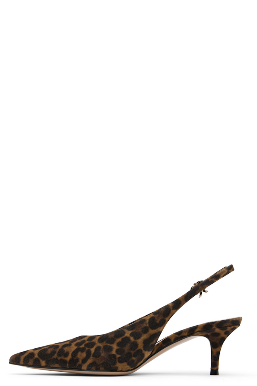 Handcrafted suede heels.

· Leopard pattern printed throughout
· Pointed toe
· Pin-buckle slingback strap
· Buffed leather lining
· Covered stiletto heel with rubber injection
· Leather sole
· Heel: H2.25"

Supplier color: Leopard