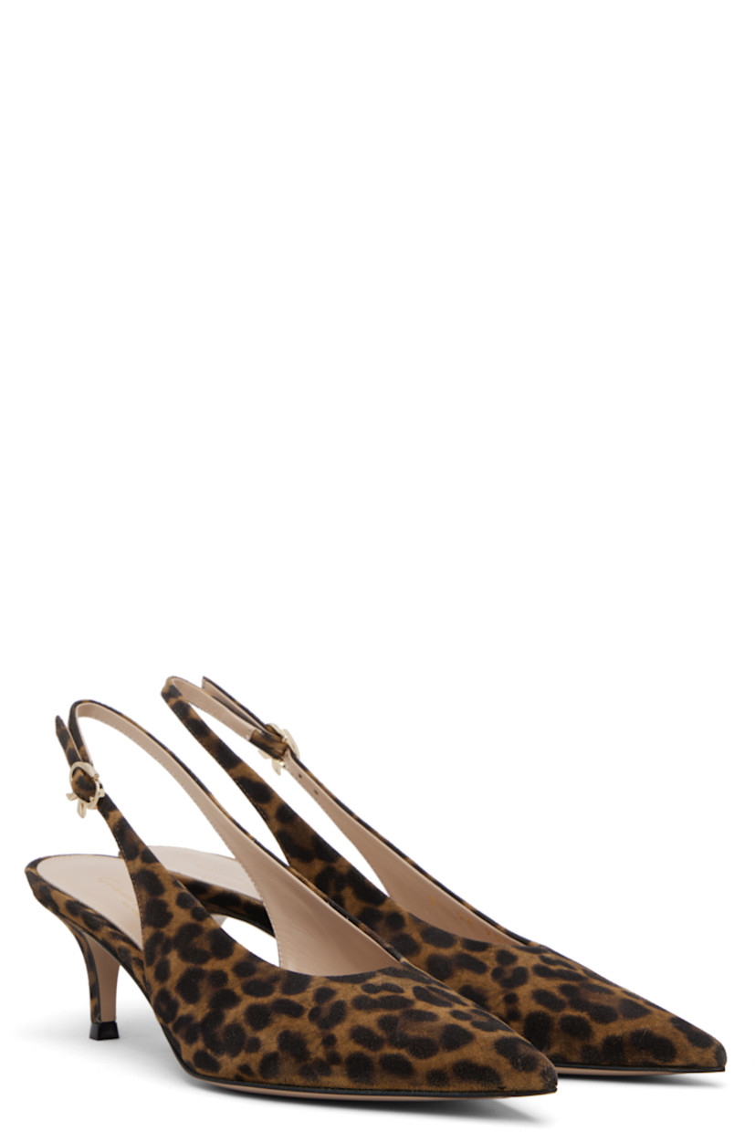 Handcrafted suede heels.

· Leopard pattern printed throughout
· Pointed toe
· Pin-buckle slingback strap
· Buffed leather lining
· Covered stiletto heel with rubber injection
· Leather sole
· Heel: H2.25"

Supplier color: Leopard