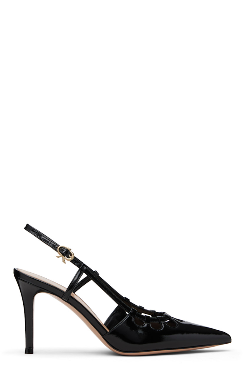 Handcrafted polished leather heels.

�· Pointed toe
· Cutouts at vamp
· Pin-buckle slingback strap
· Covered stiletto heel with rubber injection
· Leather sole
· Heel: H3.25"

Supplier color: Black/Black