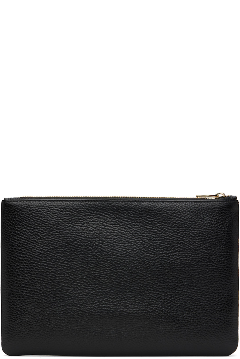 Pebble-grained leather pouch.

· Logo embossed at face
· Zip closure
· Card slot at interior 
· Twill lining
· Logo-engraved gold-tone hardware
· H7" x W10.5" x D0.5"

Supplier color: Black