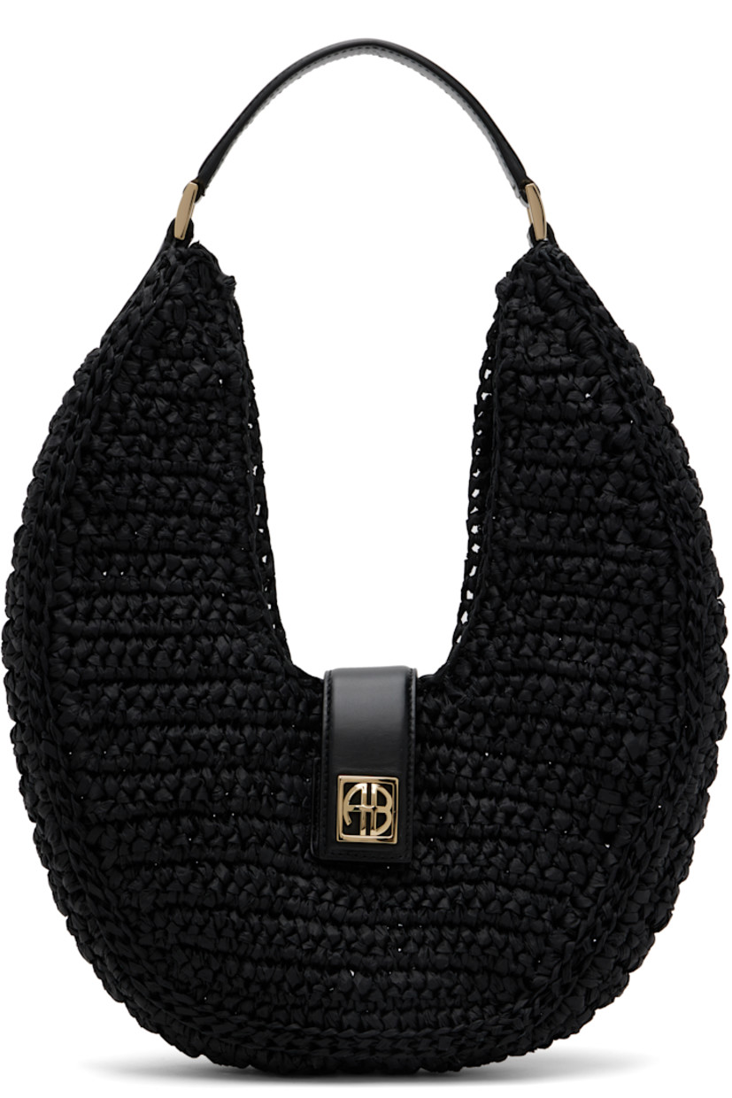 Handcrafted woven cellulose shoulder bag. 

· Buffed leather trim throughout
· Fixed shoulder strap
· Logo hardware at magnetic press-stud tab closure 
· Unlined
· Gold-tone hardware
· H6" x W10.5" x D2"

Supplier color: Black