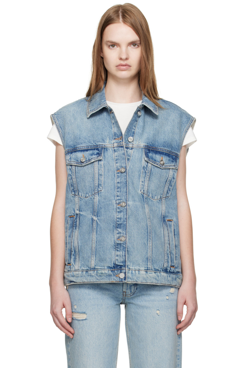 Non-stretch denim vest.

· Fading, whiskering, and subtle distressing throughout 
· Spread collar 
· Button closure
· Flap pockets at chest 
· Welt pockets at waist
· Adjustable button tabs at back hem 
· Logo-engraved silver-tone hardware
· Contrast stitching in tan 

Supplier color: Summer indigo