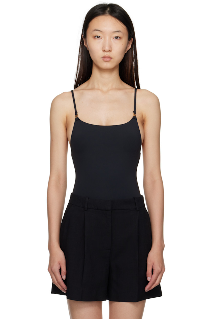 Stretch recycled nylon jersey one-piece swimsuit.

· Scoop neck
· Logo hardware at waist and shoulder straps
· Adjustable shoulder straps
· Low back
· Full satin lining
· Gold-tone hardware

Supplier color: Black