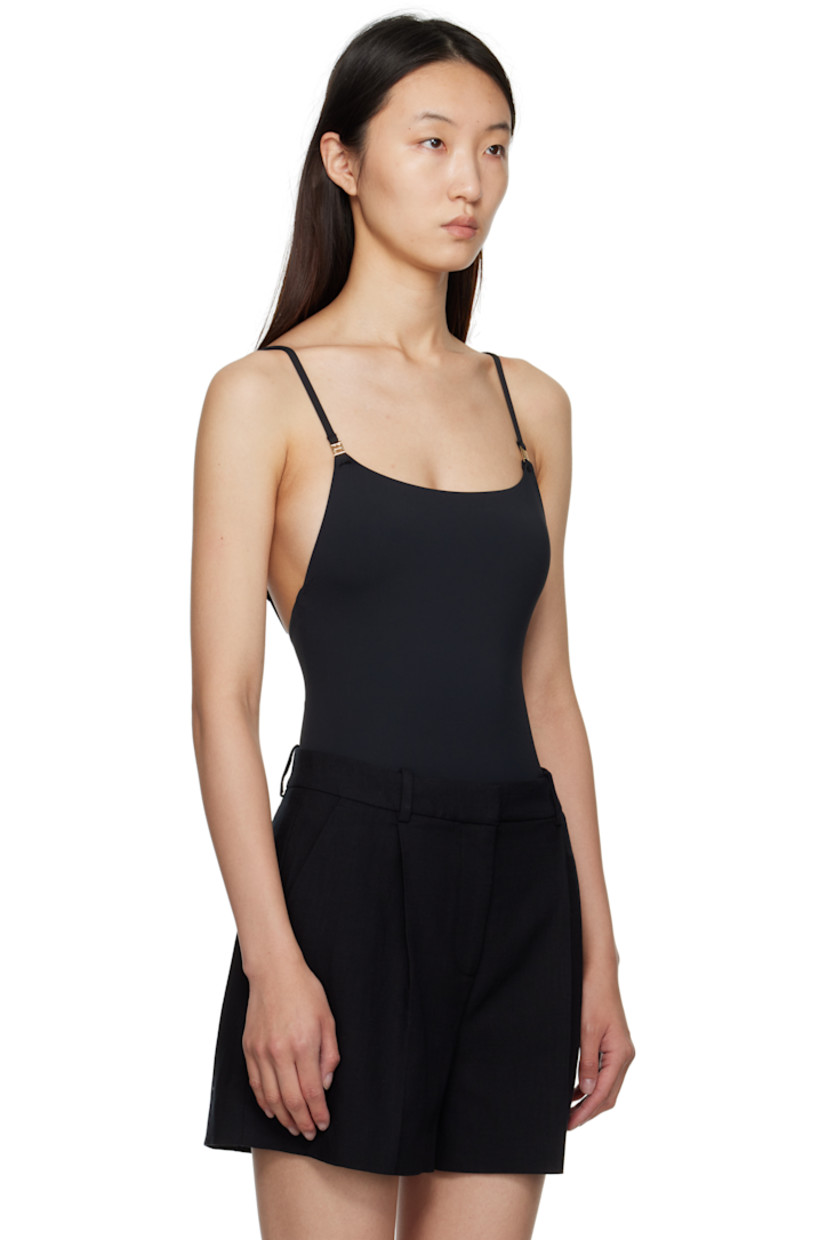 Stretch recycled nylon jersey one-piece swimsuit.

· Scoop neck
· Logo hardware at waist and shoulder straps
· Adjustable shoulder straps
· Low back
· Full satin lining
· Gold-tone hardware

Supplier color: Black