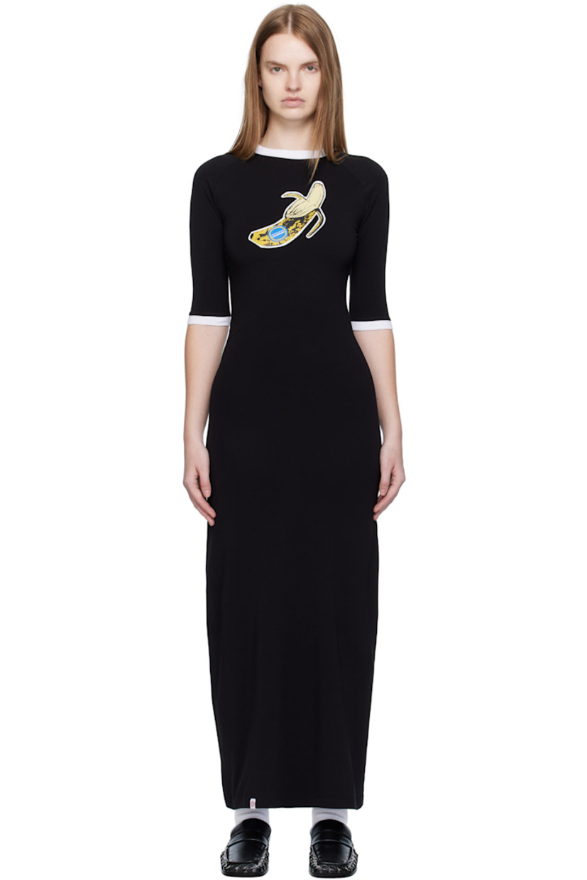Stretch organic cotton jersey midi dress.

· Rib-knit crewneck and cuffs
· Logo graphic printed at chest
· Logo flag at hem
· Raglan sleeves

Supplier color: Black/Yellow banana