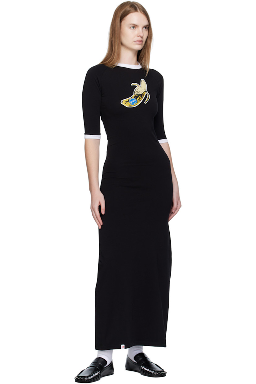 Stretch organic cotton jersey midi dress.

· Rib-knit crewneck and cuffs
· Logo graphic printed at chest
· Logo flag at hem
· Raglan sleeves

Supplier color: Black/Yellow banana