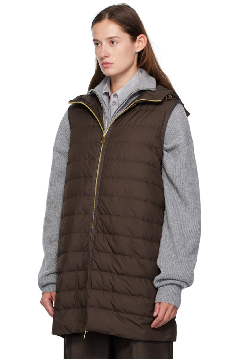 Plain-woven nylon and satin trench coat.

· Drawstring at hood
· Concealed two-way zip closure
· Press-stud placket 
· Self-tie drawstring and welt pockets at waist
· Press-stud vent at side seams
· Dropped shoulders
· Logo patch at sleeve
· Adjustable press-stud cuffs
· Detachable down-filled quilted vest-style underlay 

Supplier color: Brown

Fill: 90% goose down, 10% goose feather.