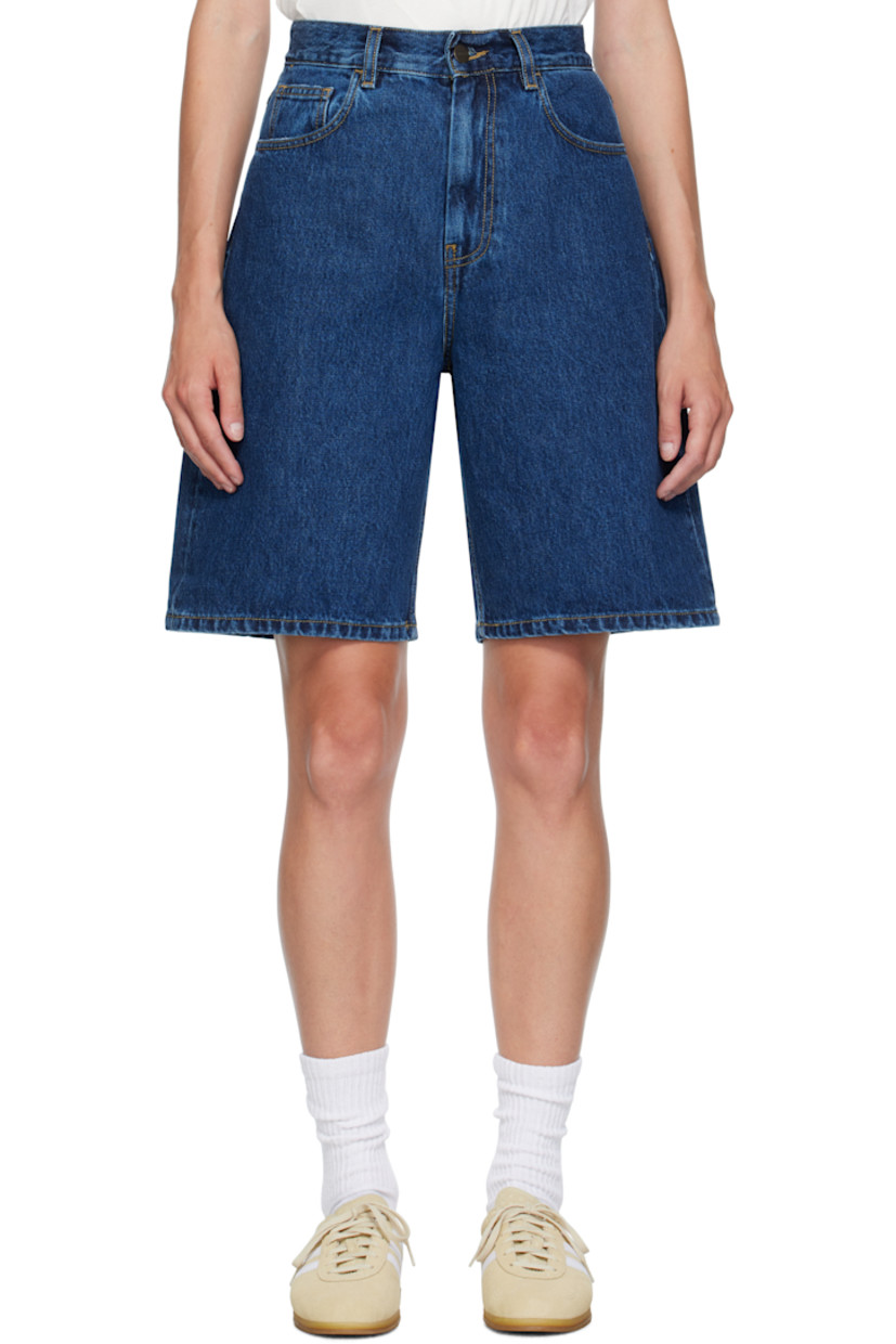 Stonewashed 13.5 oz non-stretch Smith denim shorts.

· Fading and subtle distressing throughout 
· Low-rise
· Belt loops
· Five-pocket styling
· Zip fly
· Logo patch at back pocket
· Contrast stitching in tan

Supplier color: Blue stonewashed