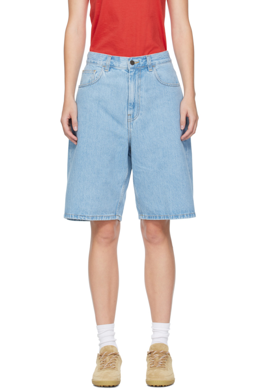13.5 oz non-stretch denim shorts.

· Fading throughout
· Mid-rise
· Belt loops
· Five-pocket styling
· Zip fly
· Logo patch at back pocket
· Contrast stitching in tan

Supplier color: Blue (stone bleached)