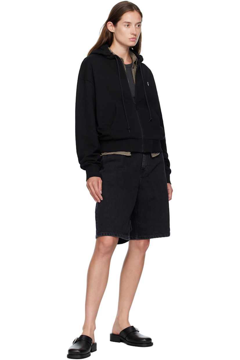 Stonewashed 13.5 oz non-stretch denim shorts.

· Fading and subtle distressing throughout 
· Low-rise
· Belt loops
· Five-pocket styling
· Zip fly
· Logo patch at back pocket

Supplier color: Black