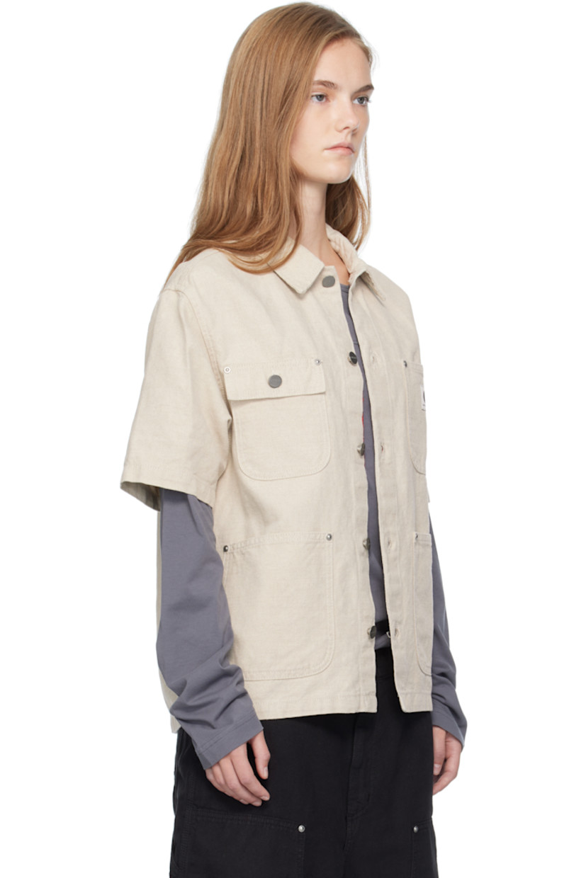 Cotton- and linen-blend canvas shirt.

· Spread collar
· Button closure
· Flap pocket and logo patch at chest
· Patch pockets at front

Supplier color: Natural