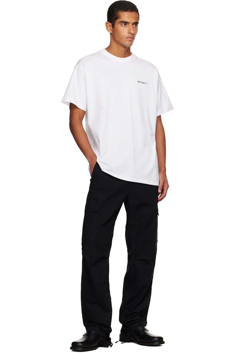 Cotton ripstop cargo pants.

· Slim-fit
· Low-rise
· Belt loops and cinch tabs at waistband
· Four-pocket styling
· Zip fly
· Pleat at knees
· Drawstring at cuffs
· Cargo pocket at outseams
· Logo patch at cargo pocket

Supplier color: Black