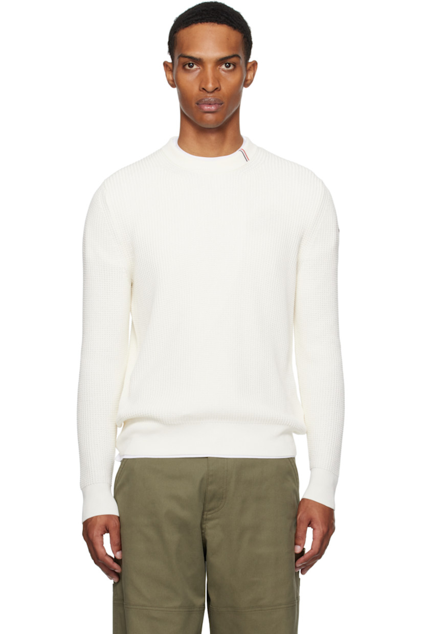 Waffle-knit cotton sweater.

· Rib-knit crewneck, hem, and cuffs
· Stripes embroidered at collar
· Rubberized logo patch at sleeve

Supplier color: Jet stream