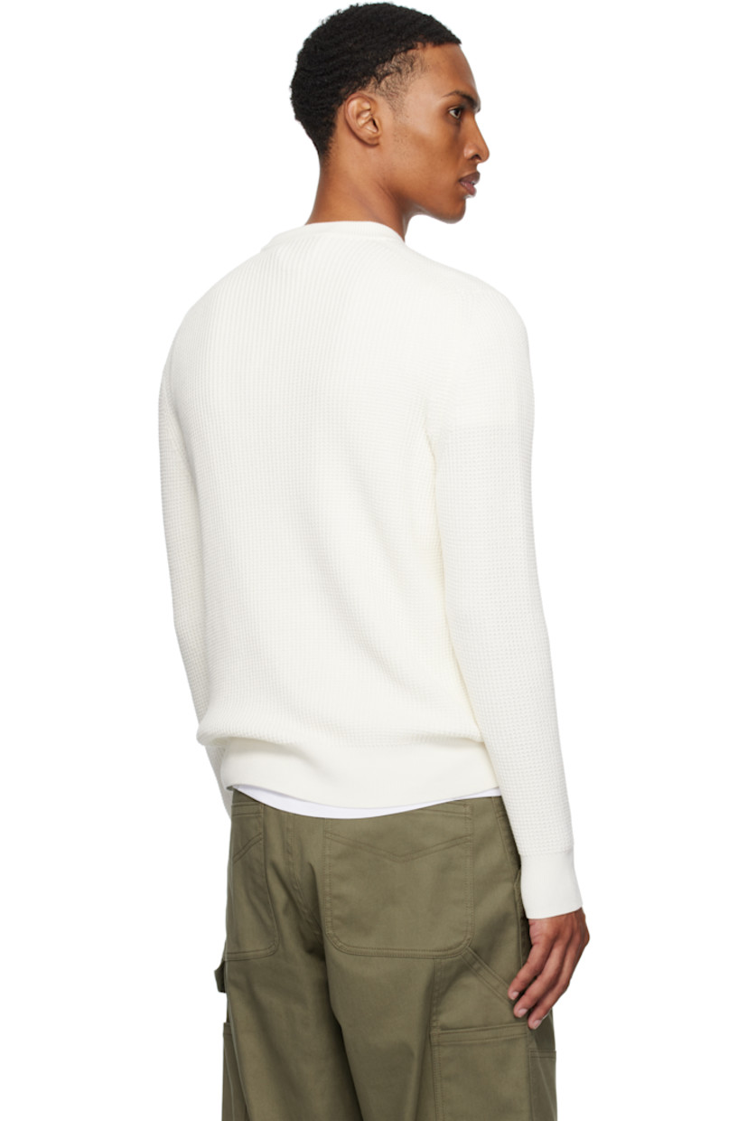 Waffle-knit cotton sweater.

· Rib-knit crewneck, hem, and cuffs
· Stripes embroidered at collar
· Rubberized logo patch at sleeve

Supplier color: Jet stream