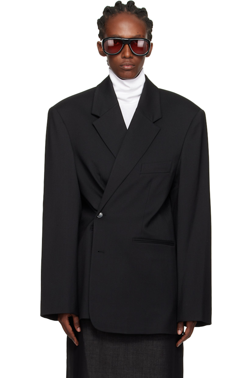 Stretch virgin wool-blend cavalry twill blazer.

· Notched lapel
· Button closure
· Darts at chest
· Welt pockets
· Padded shoulders
· Surgeon's cuffs
· Welt pockets at interior
· Satin lining
· Logo-engraved horn hardware

Supplier color: Black