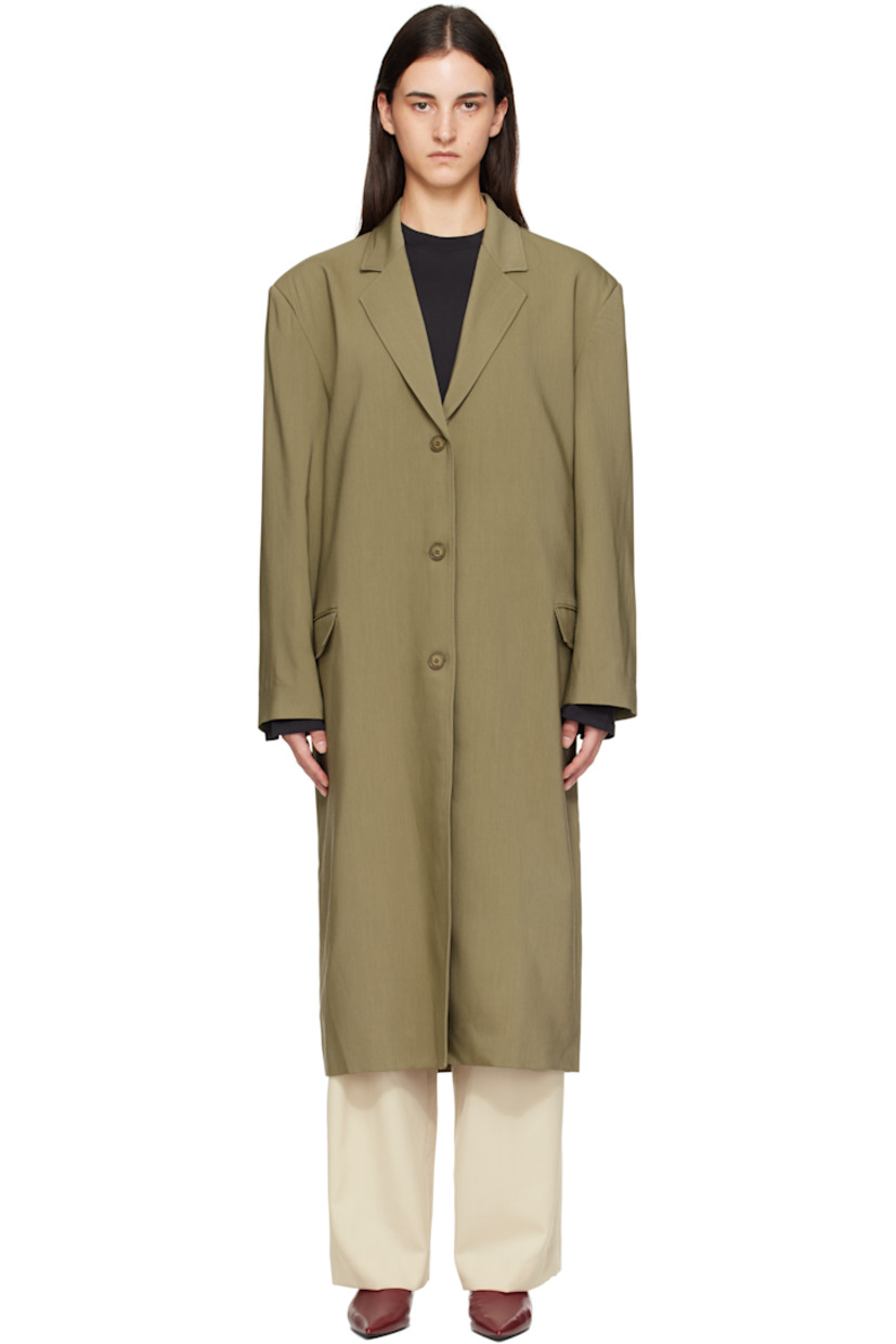 Stretch viscose-blend twill coat.

· Notched lapel
· Button closure
· Flap pockets at front
· Padded shoulders
· Central vent at back hem
· Welt pocket at interior
· Full satin lining

Supplier color: Khaki