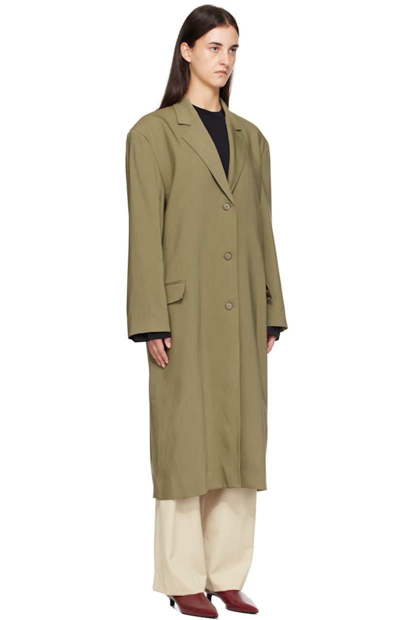 Stretch viscose-blend twill coat.

· Notched lapel
· Button closure
· Flap pockets at front
· Padded shoulders
· Central vent at back hem
· Welt pocket at interior
· Full satin lining

Supplier color: Khaki