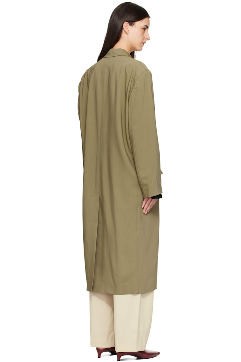 Stretch viscose-blend twill coat.

· Notched lapel
· Button closure
· Flap pockets at front
· Padded shoulders
· Central vent at back hem
· Welt pocket at interior
· Full satin lining

Supplier color: Khaki