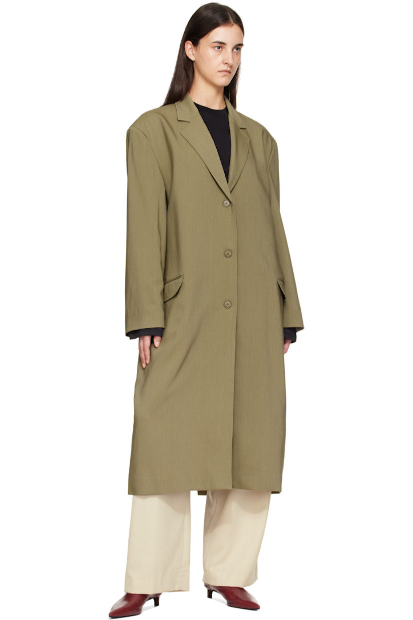 Stretch viscose-blend twill coat.

· Notched lapel
· Button closure
· Flap pockets at front
· Padded shoulders
· Central vent at back hem
· Welt pocket at interior
· Full satin lining

Supplier color: Khaki