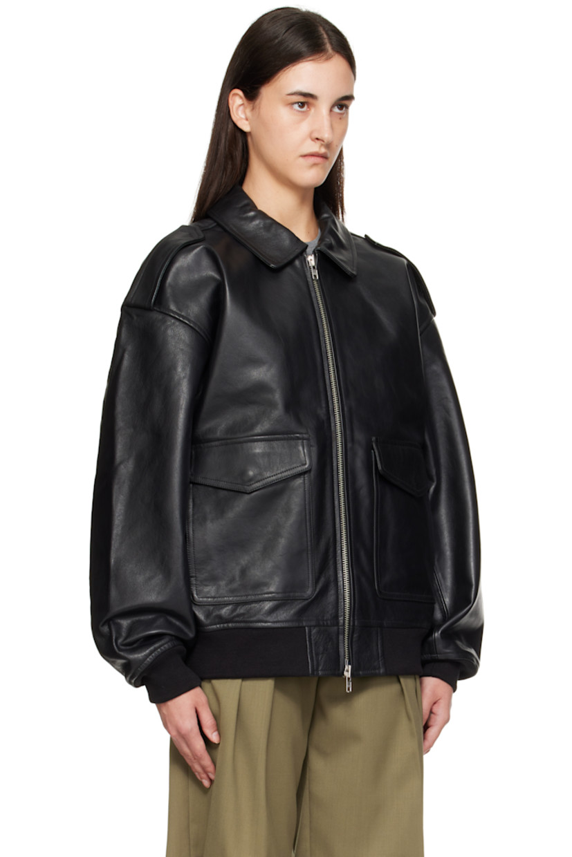 Heavyweight grained leather jacket.

· Oversized
· Spread collar
· Two-way zip closure
· Flap pockets and concealed welt pockets at waist
· Fixed epaulets
· Dropped shoulders
· Rib-knit hem and cuffs
· Full satin lining

Supplier color: Black