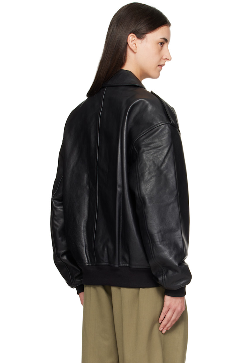 Heavyweight grained leather jacket.

· Oversized
· Spread collar
· Two-way zip closure
· Flap pockets and concealed welt pockets at waist
· Fixed epaulets
· Dropped shoulders
· Rib-knit hem and cuffs
· Full satin lining

Supplier color: Black