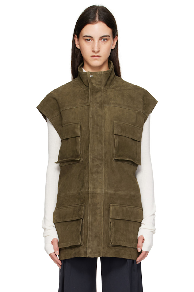 Goatskin suede vest.

· Stand collar
· Two-way zip closure with press-stud placket
· Flap pockets at front
· Bungee-style drawstring at interior waist

Supplier color: Khaki