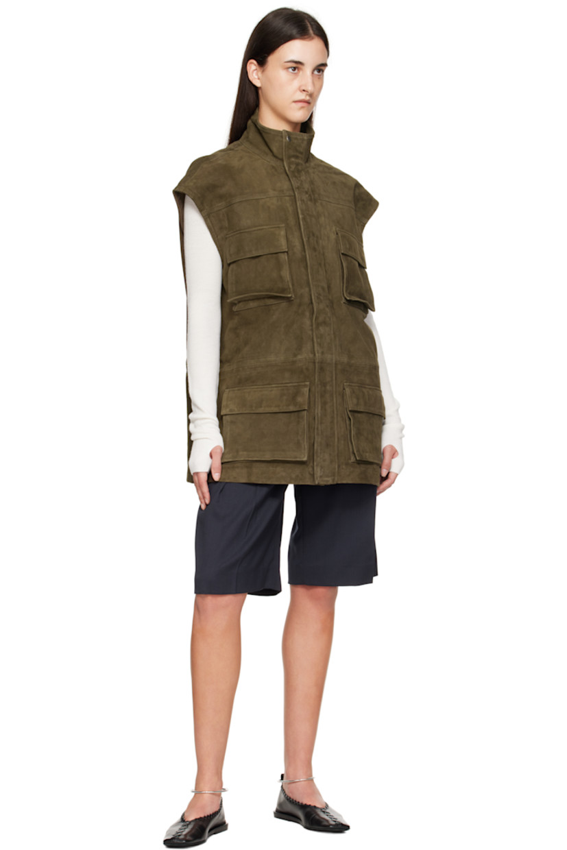 Goatskin suede vest.

· Stand collar
· Two-way zip closure with press-stud placket
· Flap pockets at front
· Bungee-style drawstring at interior waist

Supplier color: Khaki